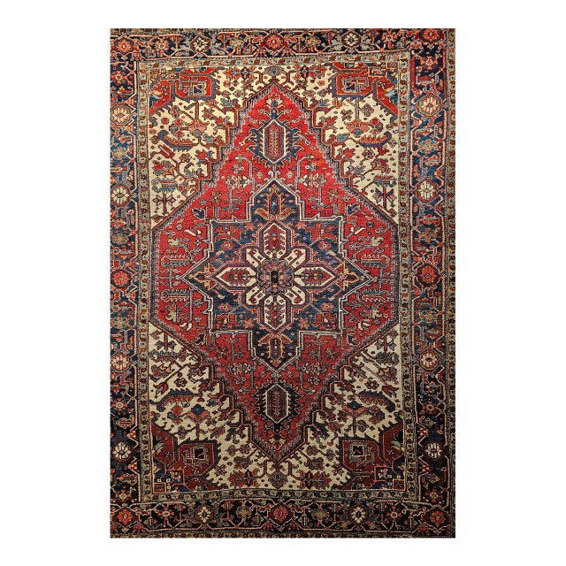 Early 20th Century Persian Heriz, Hand-Knotted Wool, Geometric Pattern, Vegetable Dyes, Red & Navy, 7x9 For Sale