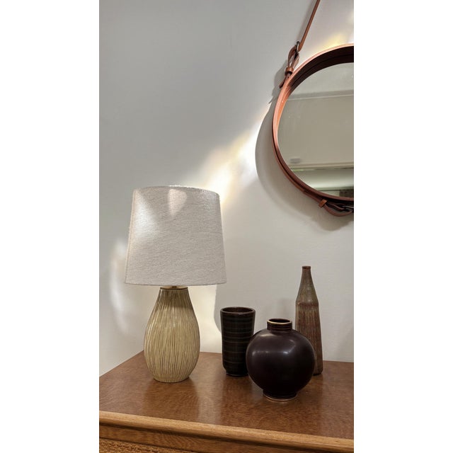 Rare Upsala-Ekeby Art Deco Stoneware Table Lamp. Sand Colored, Organic, Textured lines on the lamp base. Design by Greta...