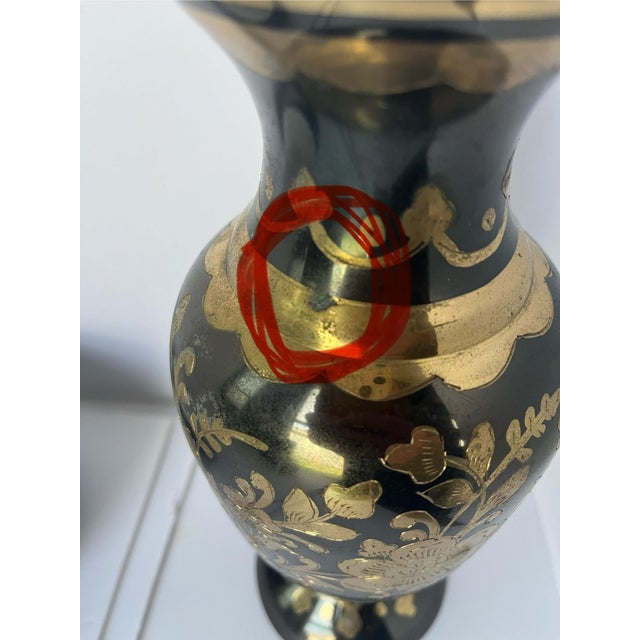 Metal Vintage Black and Brass Etched Embossed Floral Design Vase Made in India For Sale - Image 7 of 9