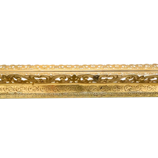 Metal Vintage Hollywood Regency Gold-Tone Filigree Mirrored Vanity Tray - Ornate Filigree Edge – Glam / Rococo Revival / Mid-Century For Sale - Image 7 of 13