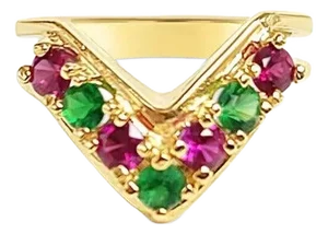 V Shaped Synthetic Ruby & Emerald 14k Yellow Gold, Size 5