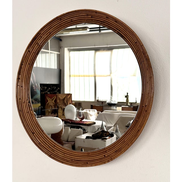 Mid-Century Italian Circular Rattan Wall Mirror in the style of Vivai Del Sud, 1960s For Sale - Image 6 of 16