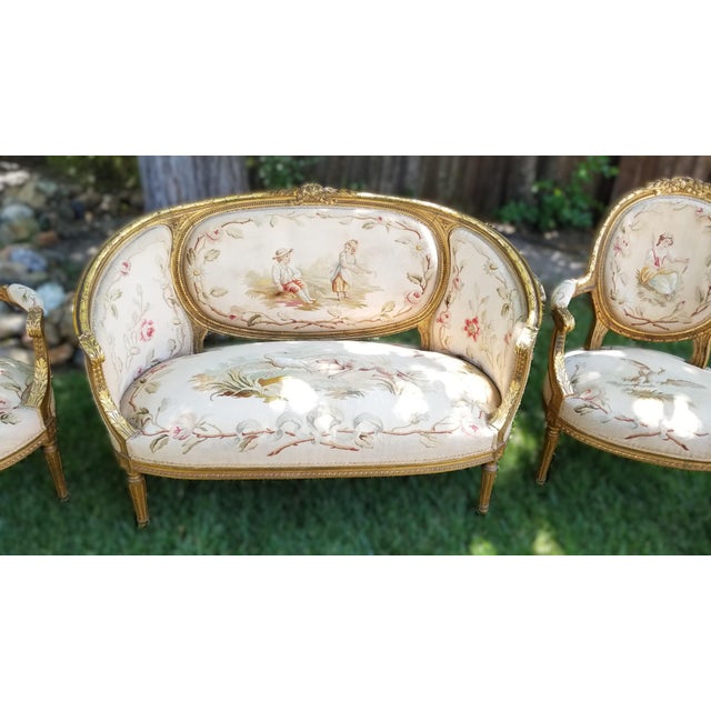 Late 19th C. Louis XVI Revival Giltwood Aubusson Tapestry Salon Suite | Canapé & Four Fauteuils For Sale - Image 4 of 18