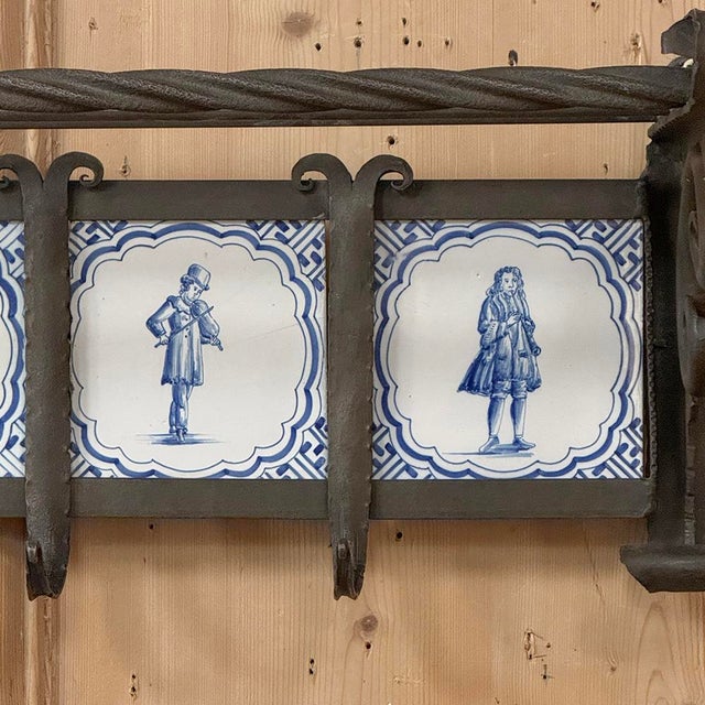 19th Century Dutch Wrought Iron Coat Rack With Delft Tiles For Sale - Image 18 of 18
