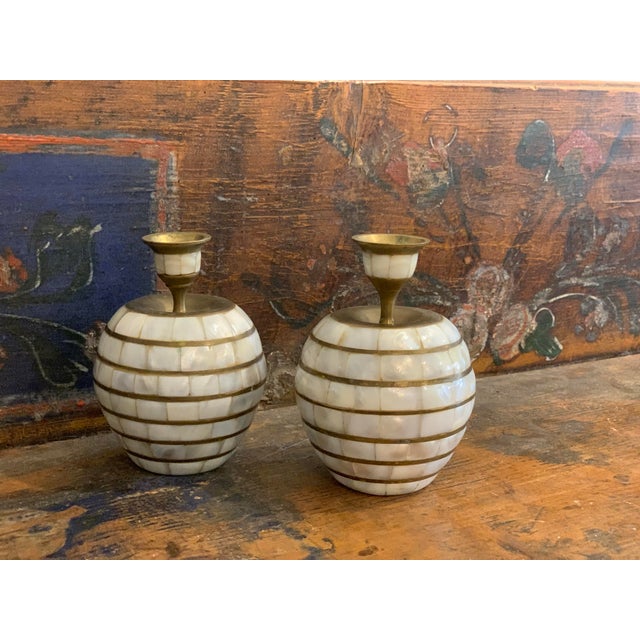 1970’s Vintage Indian Tessellated Mother of Pearl, Shell Candlestick Holders With Brass Trim- A Pair For Sale - Image 12 of 12