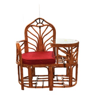 Mid-Century Rattan Chippendale Style Telephone Bench For Sale