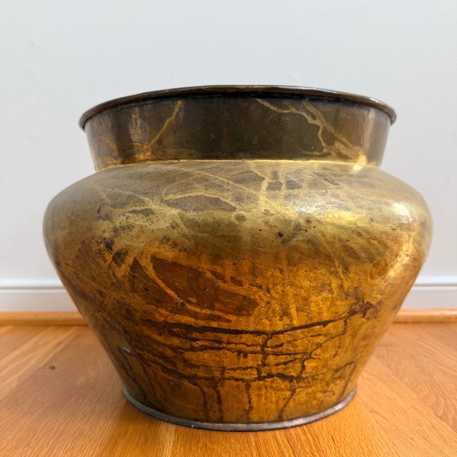 Antique Hand-Hammered Brass Vessel / Planter With Aged Patina For Sale - Image 4 of 9