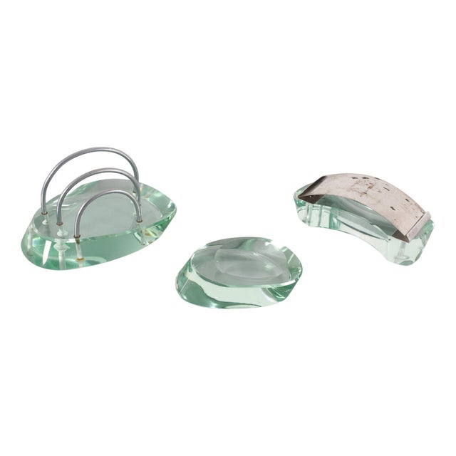 Mid-Century Fontana Arte Desk Set in Thick Nile Green Glass 50s Italy, 1950s, Set of 3 For Sale