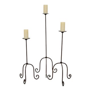 Mid-Century Wrought Iron Floor Candleholder Set of Three, C. 1950s-60s For Sale