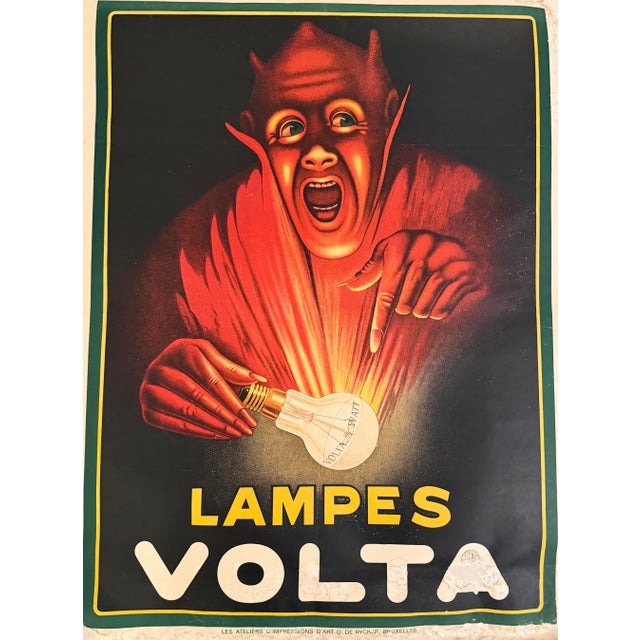 Lampes Volta, circa 1920-1925. Striking Belgian color lithographic advertising poster for Volta electric light bulbs,...