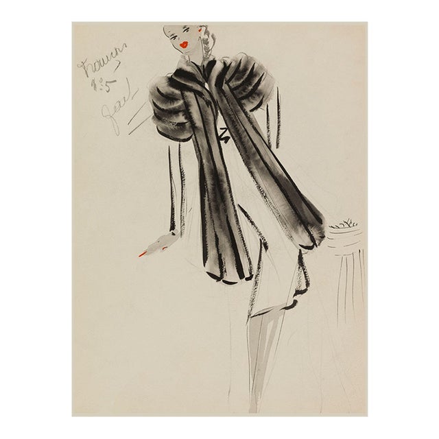 Vintage French Fashion Art Print – Black Banded Coat Illustration, 36" X 48" For Sale