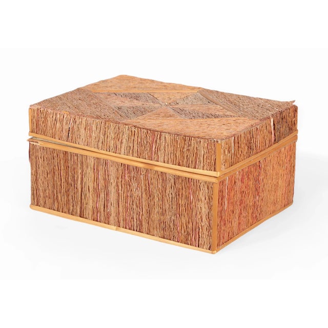 Mid-20th century wooden rectangular decorative box covered in straw with a padded interior, Scandinavia By: unknown...