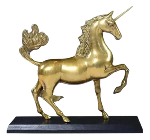 Large Brass Unicorn Sculpture Figurine on Black Wood Base Nearly 22 Inch