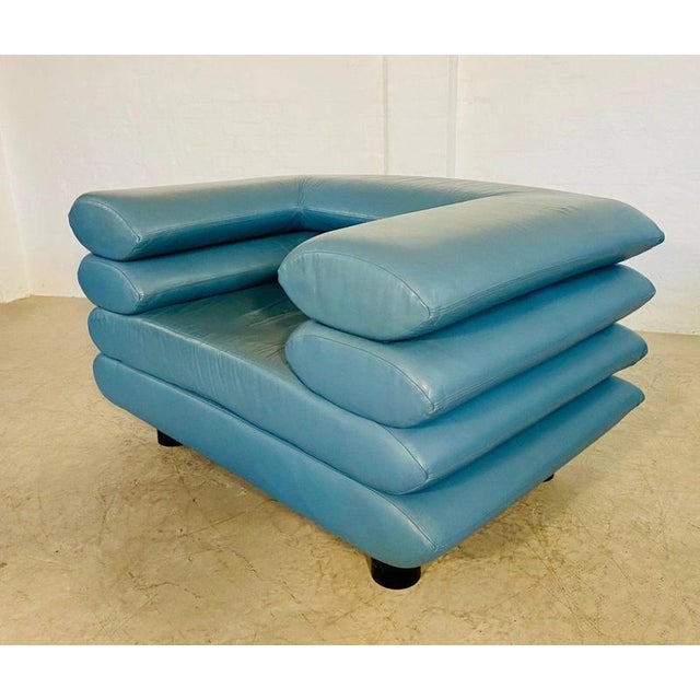 Vintage Postmodern Swedish Turquoise Leather Stacked Lounge Chair, 1980 For Sale - Image 12 of 18