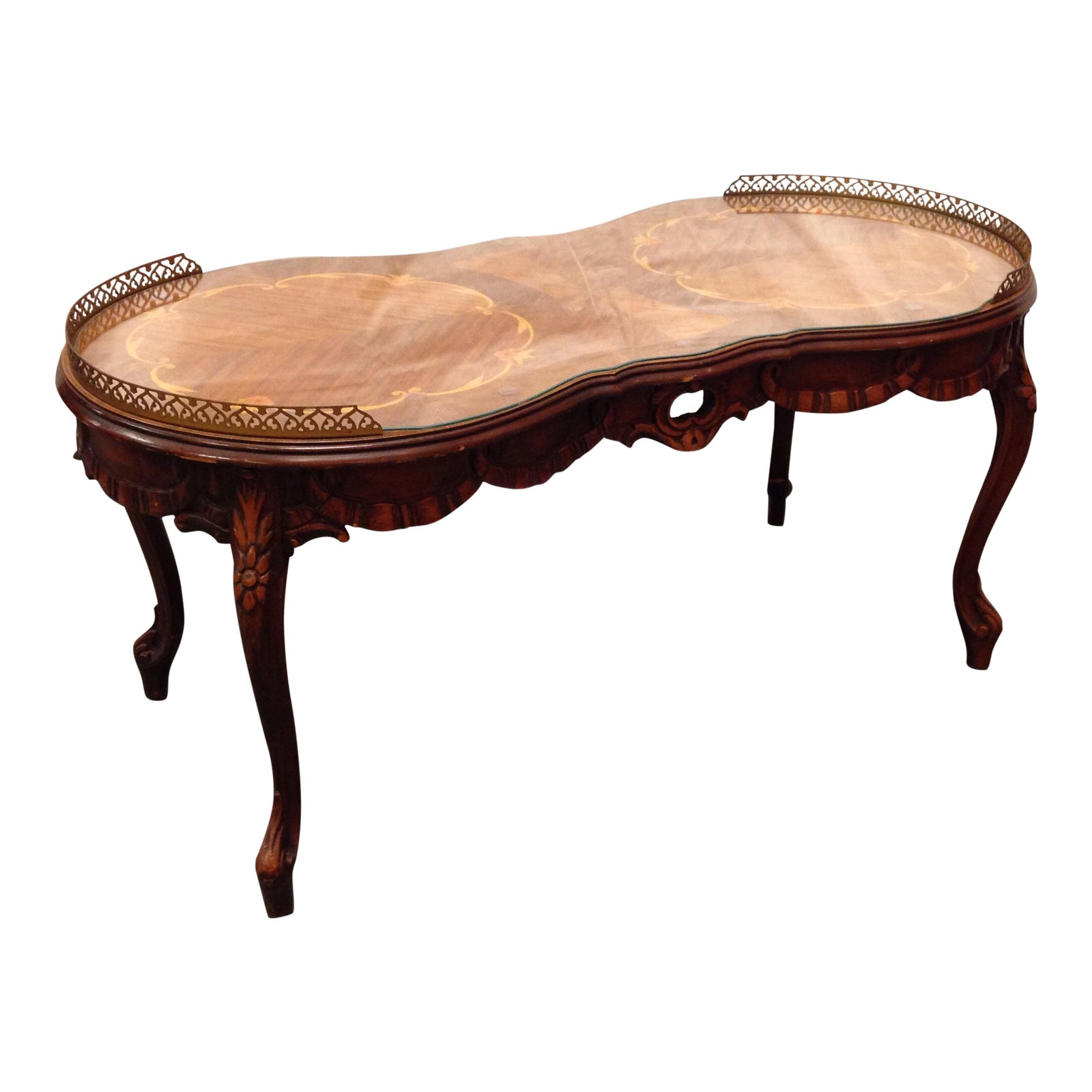 Antique Italian Inlaid Coffee Table with Brass Edges | Chairish