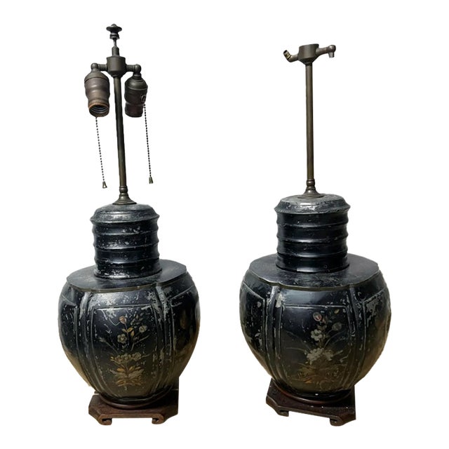 Antique Chinese Tea Canister Tole Lamps - a Pair For Sale