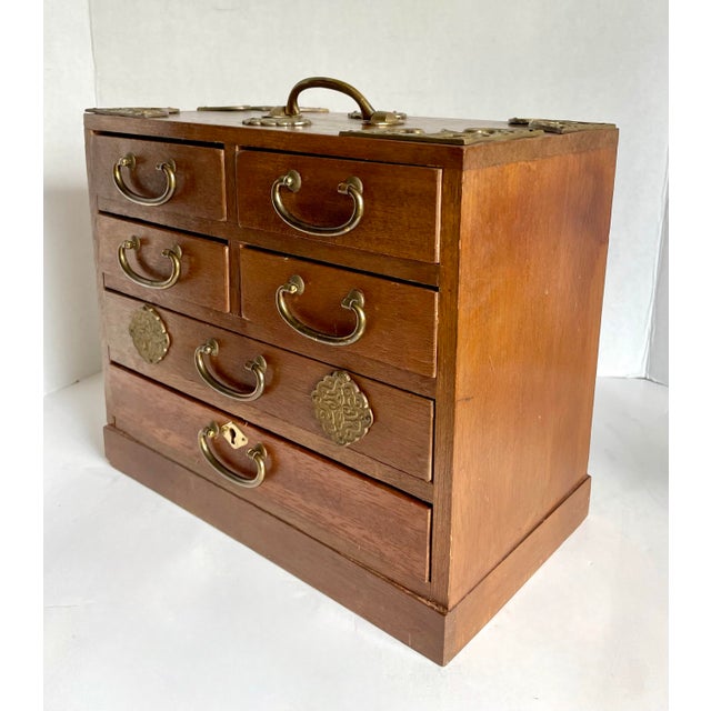 Wood Vintage Japanese Tansu Wood & Brass Six-Drawer Jewelry Chest For Sale - Image 7 of 12