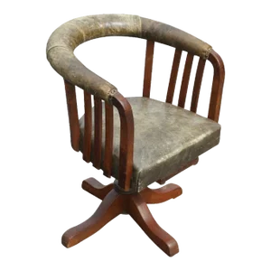 Late 19th Century Vintage Wood Leather Swivel Desk Chair