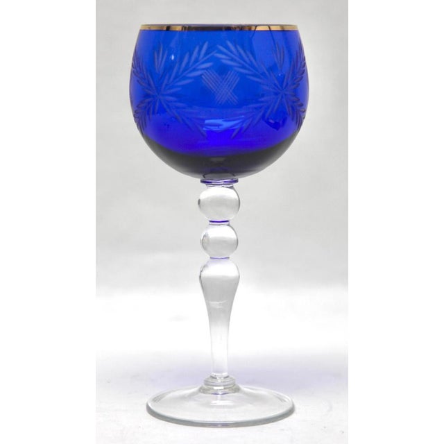 Crystal Stem Glasses in Cobalt Overlay with Tray, 1935, Set of 5 For Sale - Image 3 of 12