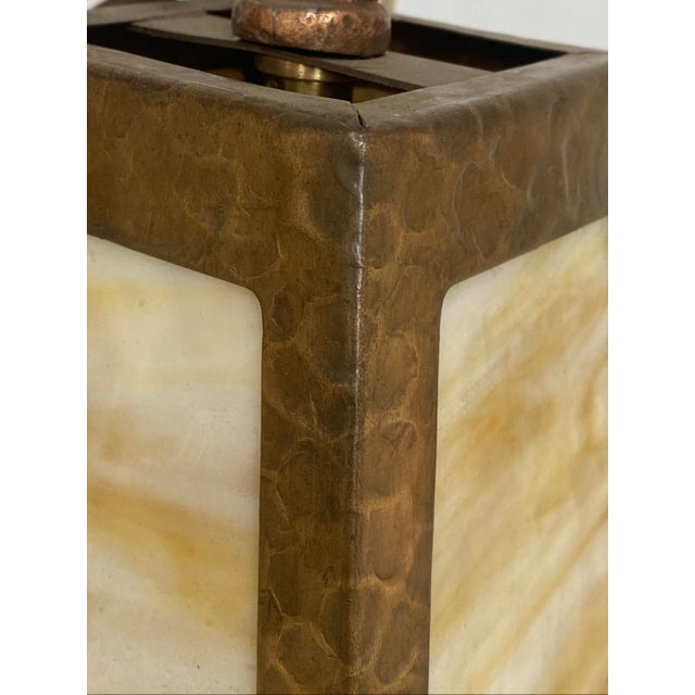 Arts & Crafts Vintage Arts & Crafts Hammered Metal & Stained Glass Light Pendant For Sale - Image 3 of 10