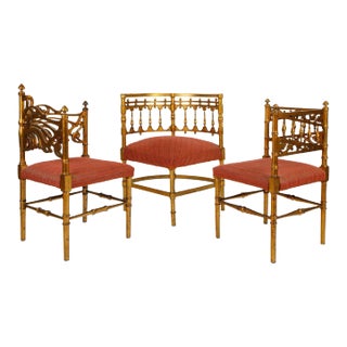 Early 1900s Giltwood and Fabric Upholstered French Provincial Meets Art Nouveau Corner Chairs - Set of 3 For Sale