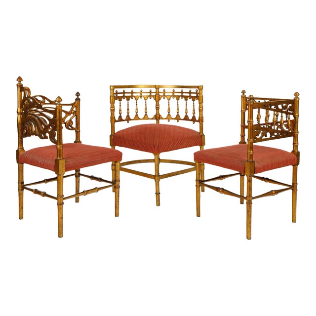 Early 1900s Giltwood and Fabric Upholstered French Provincial Meets Art Nouveau Corner Chairs - Set of 3 For Sale