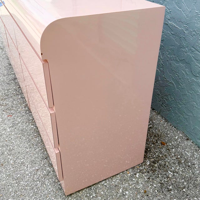 1980s Postmodern Pink Gloss Laminate Waterfall Dresser With Mirror For Sale - Image 5 of 8