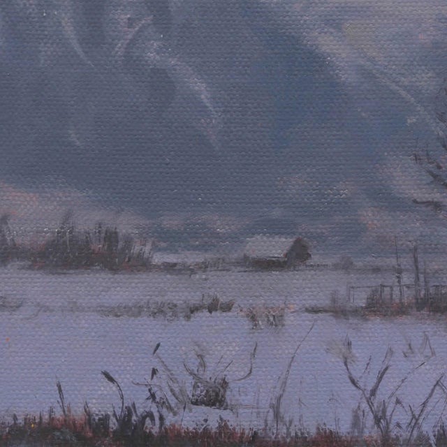 Early 21st Century Out in the Cold by Mark Harrison | Oil on Canvas Landscape with a cabin in a snowy mountain scene For Sale - Image 5 of 5