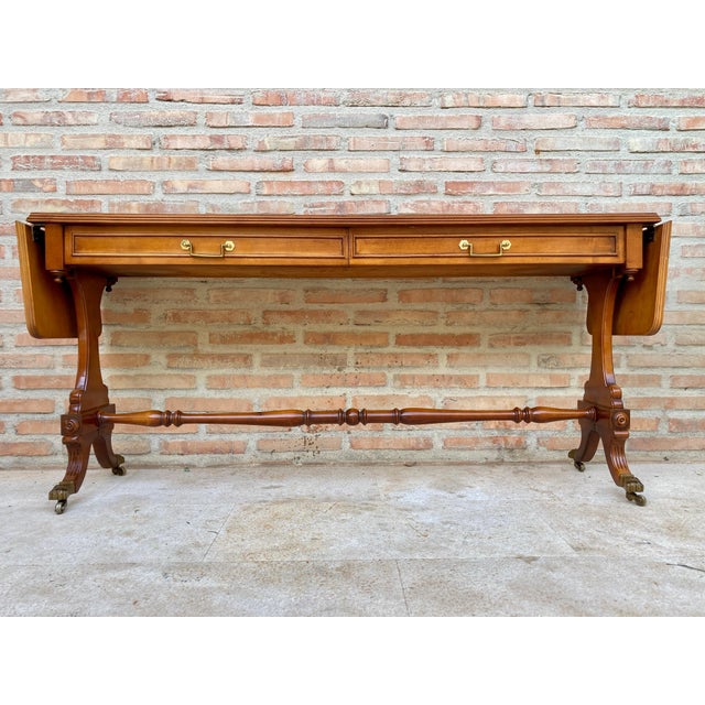 Mid 20th Century Winged Console Table in Walnut with Claw Feet in Bronze with Drawers and Wheels For Sale - Image 16 of 18