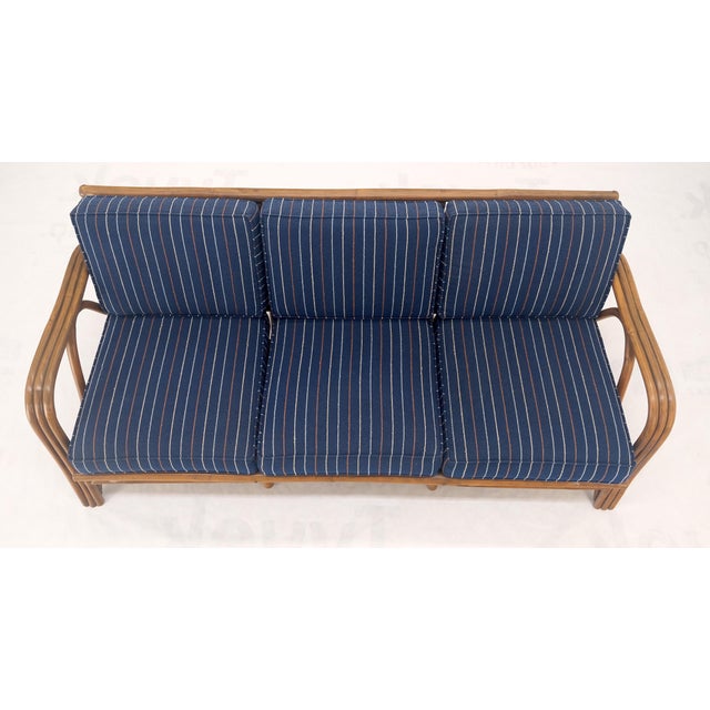1970s Striped Blue Upholstery Bamboo Frame Mid Century Modern Sofa MINT! For Sale - Image 16 of 17