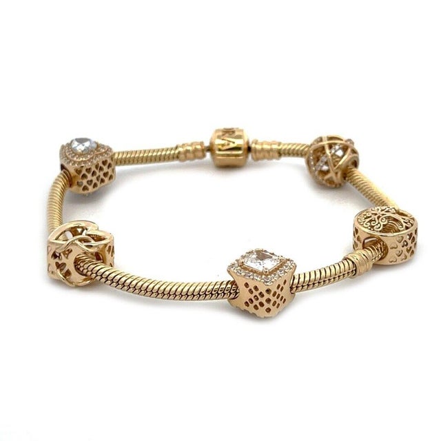 Contemporary 4907 Pandora 14k Yellow Gold 5 Slide Charms Snake Chain Bracelet For Sale - Image 3 of 6