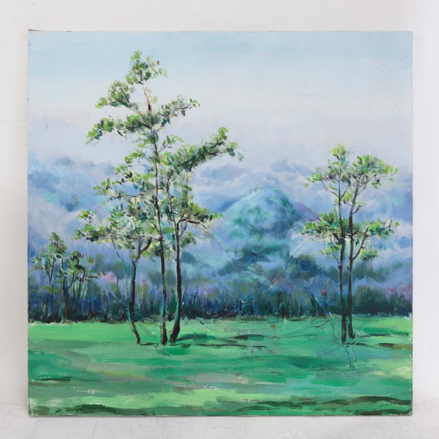 Textile Impressionist Landscape Oil Painting - Misty Blue Mountains and Green Meadow For Sale - Image 7 of 9
