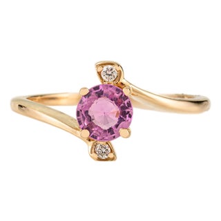 14k Gold Natural Pink Sapphire Bypass Diamnd Three Stone Promise Ring Size 5.5 For Sale