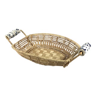 Antique Basket With Delft Ceramic Handles For Sale