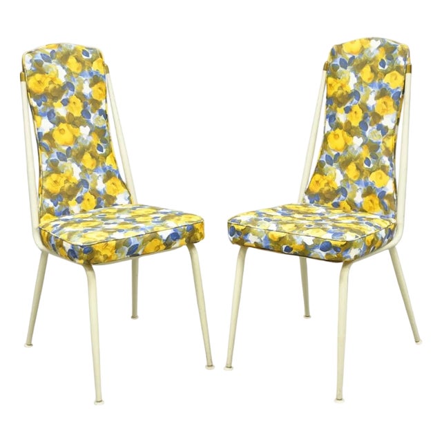 Vintage Retro Atomic Era Metal Kitchen Dining Chairs W/ Blue Yellow Flowers Pair For Sale