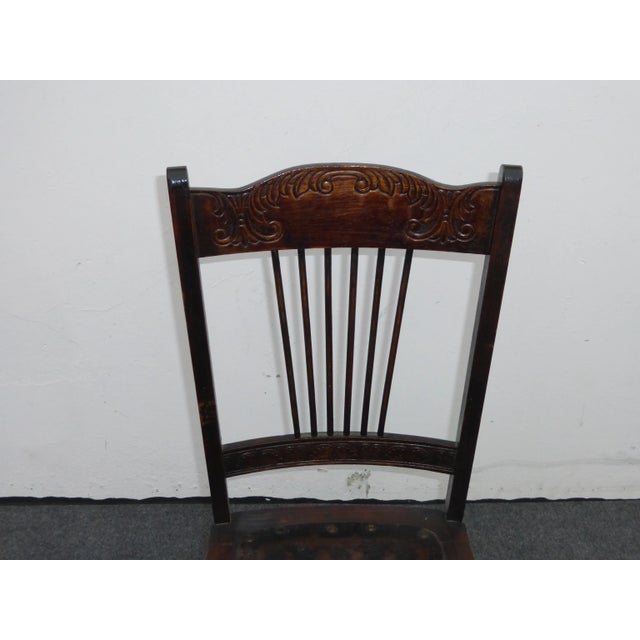 1950s Vintage Carved Rustic Farmhouse Wood Side Chair W Leather Seat For Sale - Image 5 of 11