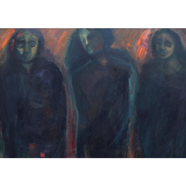 Large scale vintage modernist expressionist painting of three standing figures. Oil on canvas, unframed wrapped canvas...