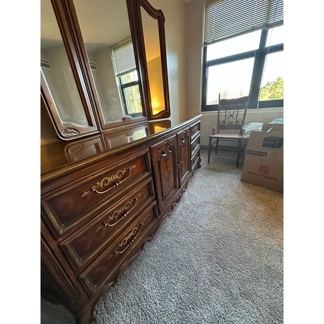Vintage Drexel Heritage Brittany Collection Louis XV French Provincial Double Dresser With Removable Trifold Mirror For Sale - Image 9 of 11