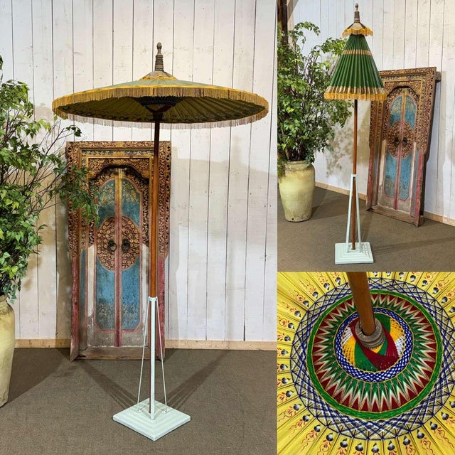 Indonesian Parasol in Wallpaper, Wood and Wool, 1950s For Sale - Image 4 of 17