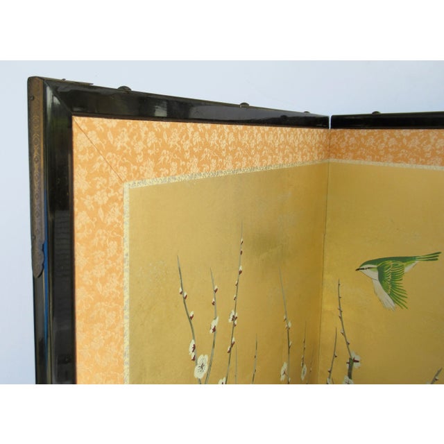 Goldenrod C.1970's Vintage Japanese Byobu Silk Screen Gilt Gold & Silver Leaf & Hand-Painted 4-Panel Wall Screen For Sale - Image 8 of 12
