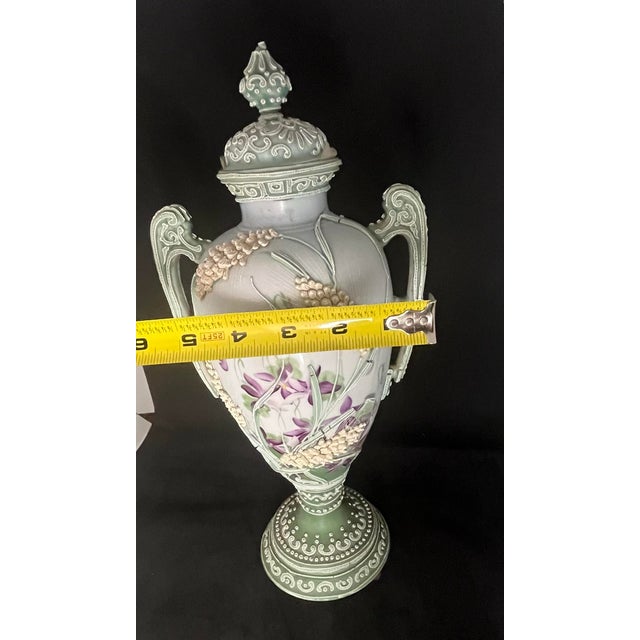 Ivory Antique Nippon Hand-Painted Moriage Covered Urn Vase – 13” For Sale - Image 8 of 12