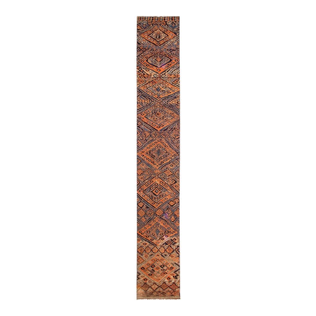 Orange & Blue Long Vintage Kilim Runner - 3`3" X 22`4" For Sale