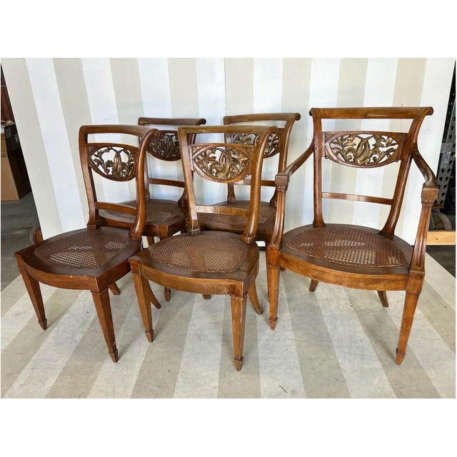 Early 19th Century Set of 5 Italian Neoclassical Dining Room Chairs With Giltwood Dolphin Backs For Sale - Image 4 of 4