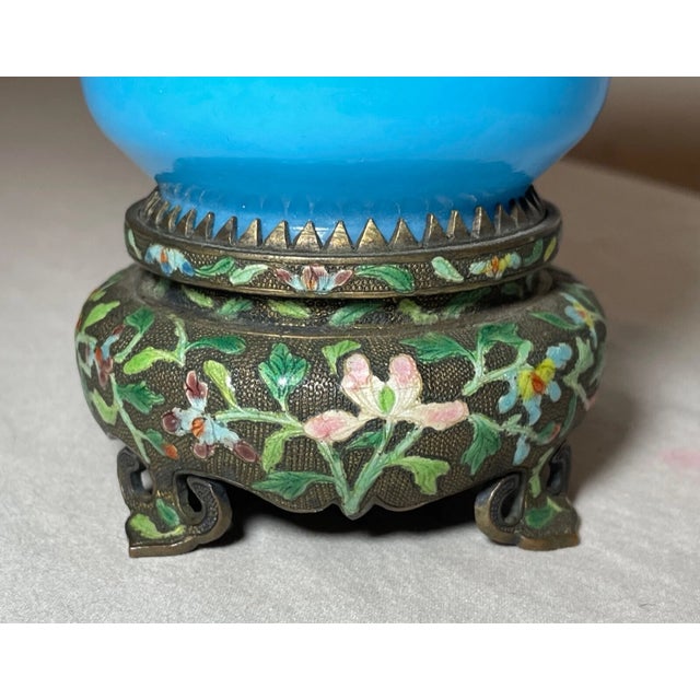 Antique 19th Century Chinese Blue Opaline Peking Glass Enameled Bronze Base Bowl For Sale In New York - Image 6 of 10