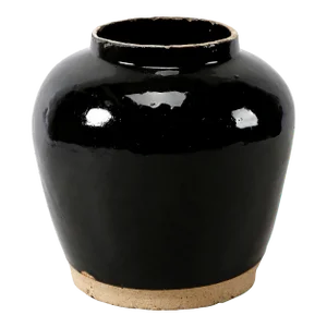 Mid-Century Vintage Black Porcelain Glazed Obsidian Jar With Unfinished Base