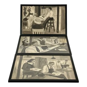 1970s Unique Set of 3 Mid-Century Modern B&w Watercolor Paintings of Creatives at Work, Framed
