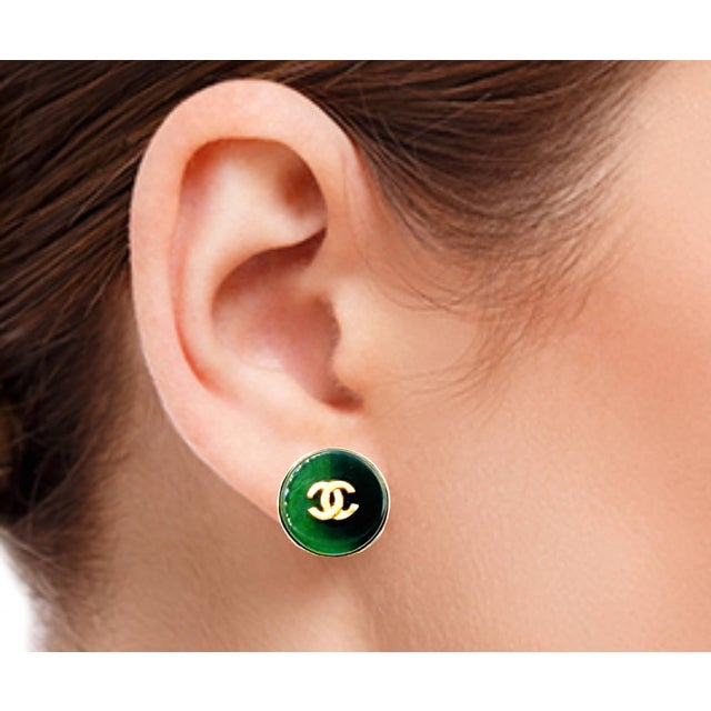 Chanel Vintage Gold Plated CC Green Stone Round Clip on Earrings *Marked 95 * Made in France -It is approximately 0.65" x...