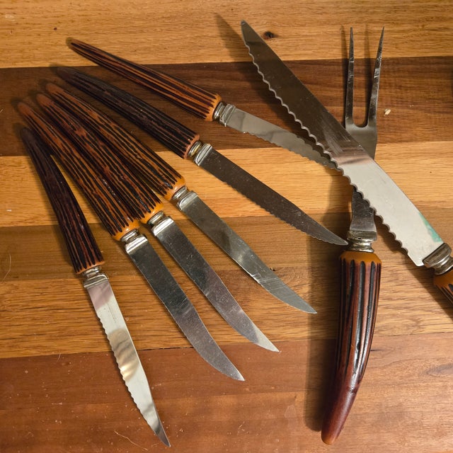 Brown Bakelite Horn Carving Set and 12 Steak Knives- Set of Fourteen For Sale - Image 8 of 15