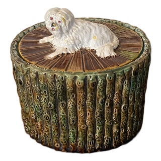 Antique 19th Century George Jones English Majolica Bamboo Faux Bois Oval Desk Box With White Dog Finial For Sale