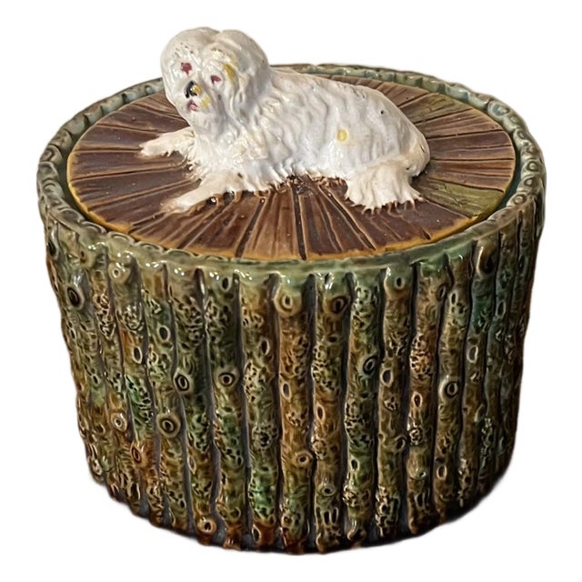 Antique 19th Century George Jones English Majolica Bamboo Faux Bois Oval Desk Box With White Dog Finial For Sale